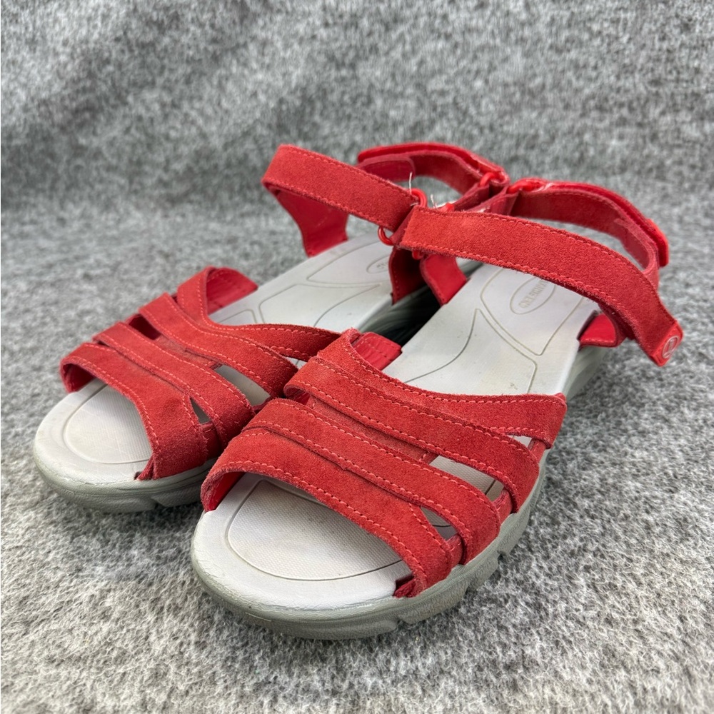 Women's 10D Lands’End Red Strappy Hook  & Loop Open Toe Sandals Flat Casual Shoe